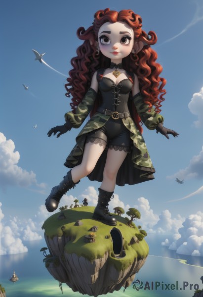 1girl,solo,long hair,breasts,looking at viewer,smile,brown hair,gloves,long sleeves,cleavage,brown eyes,jewelry,medium breasts,standing,full body,red hair,earrings,small breasts,boots,outdoors,detached sleeves,sky,shorts,solo focus,day,pointy ears,black gloves,belt,cloud,water,black footwear,black eyes,blue sky,lips,makeup,bird,ocean,wavy hair,black shorts,thick eyebrows,cloudy sky,grass,eyeshadow,walking,curly hair,aircraft,airplane,giant,camouflage,giantess,helicopter,dress,very long hair,closed mouth,choker,puffy sleeves,artist name,black choker,standing on one leg,knee boots,looking up,lace,corset,forehead,brown gloves,puffy long sleeves,flying,red lips,floating island