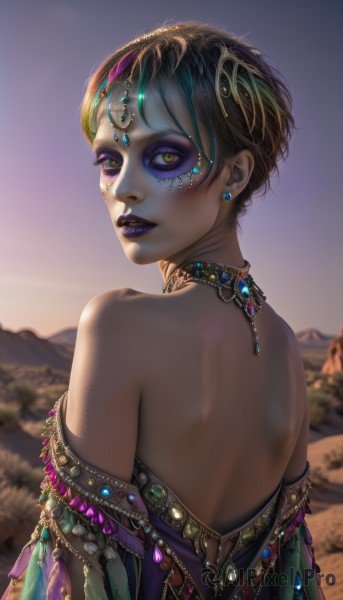 1girl,solo,looking at viewer,smile,short hair,hair ornament,dress,bare shoulders,jewelry,green eyes,yellow eyes,upper body,multicolored hair,earrings,outdoors,parted lips,green hair,looking back,necklace,from behind,blurry,lips,makeup,blurry background,back,lipstick,gem,purple dress,eyeshadow,mountain,realistic,bare back,eyeliner,facepaint,shoulder blades,purple lips,mascara,black hair,brown eyes,artist name,off shoulder,eyelashes,nose