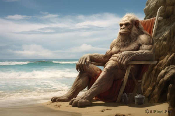 solo,1boy,sitting,full body,white hair,male focus,outdoors,sky,day,cloud,water,blue sky,muscular,facial hair,ocean,chair,beach,sunglasses,crossed legs,beard,furry,topless male,realistic,sand,bucket,furry male,manly,old,male swimwear,old man,leg hair,arm hair,no humans,ring,fine art parody,monkey