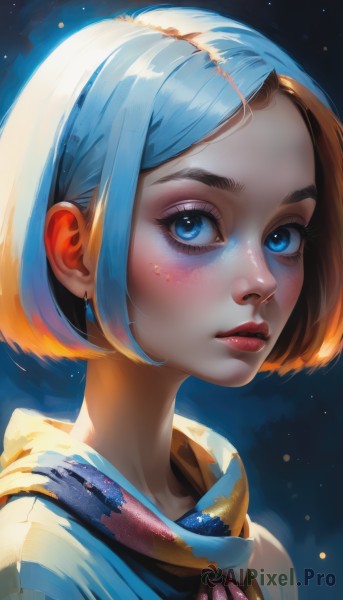 1girl,solo,looking at viewer,blush,short hair,bangs,blue eyes,brown hair,jewelry,blue hair,upper body,multicolored hair,earrings,parted lips,scarf,orange hair,lips,parted bangs,eyelashes,makeup,bob cut,lipstick,portrait,eyeshadow,freckles,realistic,nose,mascara,closed mouth,artist name,watermark,thick eyebrows,web address,forehead,backlighting