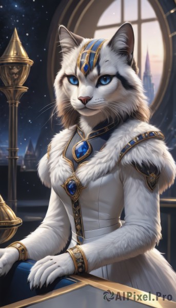 1girl,solo,breasts,looking at viewer,smile,blue eyes,dress,animal ears,jewelry,closed mouth,tail,sky,artist name,indoors,cat ears,signature,white dress,bracelet,fur trim,window,night,cat,cat girl,slit pupils,brooch,gem,star (sky),night sky,claws,furry,starry sky,fur collar,animal hands,furry female,body fur,white fur,fur,animal nose,whiskers,blue gemstone,fluffy,hat,sitting,no humans