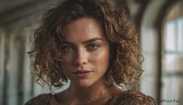 1girl,solo,looking at viewer,short hair,blonde hair,brown hair,brown eyes,jewelry,parted lips,indoors,medium hair,necklace,mole,blurry,lips,grey eyes,tattoo,depth of field,blurry background,wavy hair,messy hair,portrait,freckles,curly hair,realistic,nose,red lips,smile,teeth,window