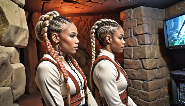 1girl,long hair,multiple girls,blonde hair,brown hair,black hair,2girls,jewelry,upper body,braid,multicolored hair,earrings,twin braids,from side,two-tone hair,lips,profile,makeup,lipstick,dual persona,eyeshadow,nose,wall,brick wall,monitor,multiple braids,breasts,shirt,long sleeves,1boy,brown eyes,medium breasts,closed mouth,white shirt,belt,dark skin,vest,dark-skinned female,piercing,asymmetrical hair,realistic,cable,undercut,very dark skin,mohawk,dreadlocks,stone wall