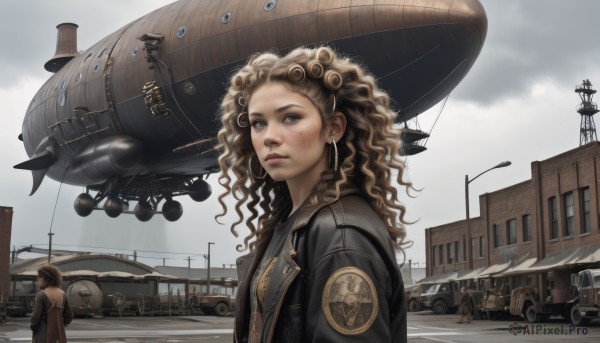 1girl,long hair,blue eyes,multiple girls,blonde hair,brown hair,2girls,jewelry,jacket,upper body,earrings,outdoors,sky,day,cloud,signature,lips,black jacket,military,cloudy sky,ground vehicle,building,motor vehicle,freckles,curly hair,realistic,aircraft,nose,military vehicle,car,airplane,road,leather,vehicle focus,leather jacket,grey sky,looking at viewer,brown eyes,multiple boys,open clothes,solo focus,open jacket,wavy hair,lamppost,helicopter