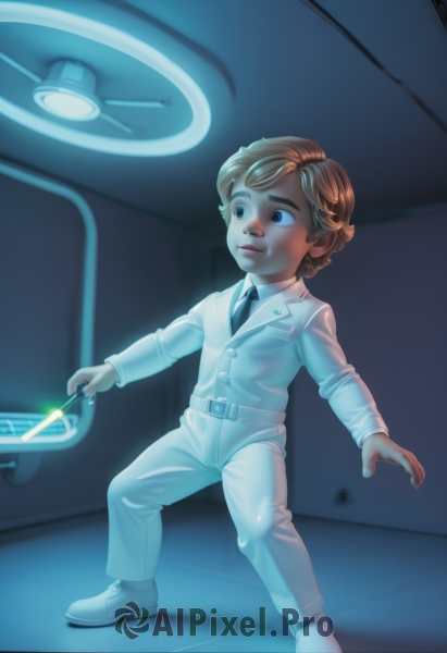 solo,short hair,blue eyes,blonde hair,brown hair,long sleeves,1boy,holding,brown eyes,closed mouth,standing,jacket,full body,male focus,necktie,shoes,belt,pants,indoors,formal,white footwear,white jacket,suit,child,science fiction,realistic,white pants,wand,white suit,uniform,male child,animification