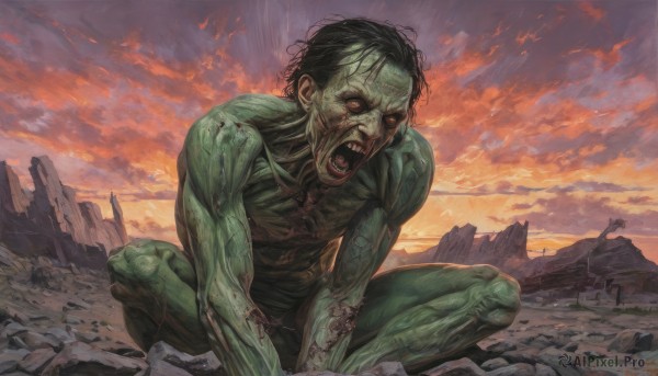 solo,open mouth,black hair,1boy,male focus,outdoors,sky,teeth,cloud,blood,muscular,colored skin,fangs,squatting,cloudy sky,veins,sunset,monster,indian style,green skin,tears,abs,angry,realistic,ruins,shouting,zombie,screaming,molten rock