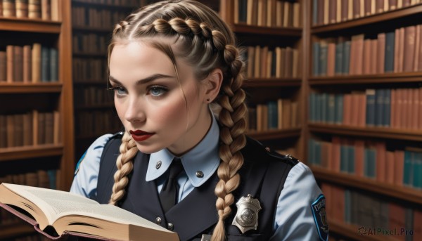 1girl,solo,long hair,blue eyes,blonde hair,brown hair,shirt,holding,jewelry,white shirt,upper body,braid,earrings,necktie,collared shirt,indoors,blurry,uniform,vest,twin braids,lips,book,makeup,blurry background,lipstick,black necktie,holding book,black vest,open book,realistic,bookshelf,red lips,reading,stud earrings,police,police uniform,library,policewoman,multiple braids,closed mouth,mole,hair over shoulder,forehead,nose,hair behind ear,blue vest,badge