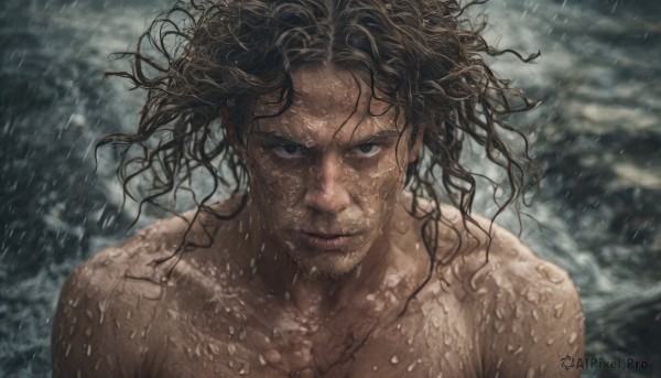 1girl,solo,looking at viewer,brown hair,black hair,1boy,closed mouth,collarbone,upper body,male focus,nude,outdoors,cloud,dark skin,water,black eyes,lips,wet,ocean,cloudy sky,messy hair,portrait,rain,realistic,wet hair,long hair,smile,facial hair