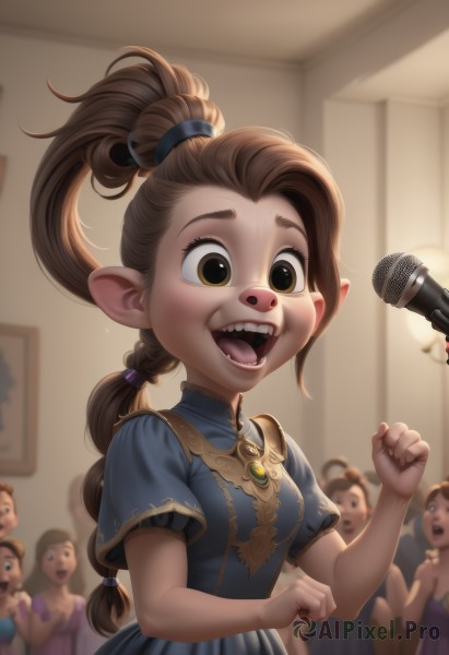 1girl,long hair,smile,open mouth,multiple girls,brown hair,dress,brown eyes,jewelry,ponytail,braid,short sleeves,:d,teeth,solo focus,pointy ears,indoors,blurry,single braid,blurry background,blue dress,fangs,child,microphone,braided ponytail,music,female child,holding microphone,singing,multi-tied hair,breasts,upper body,small breasts,tongue,depth of field,high ponytail,gem,clenched hand,purple dress,clenched hands,nose