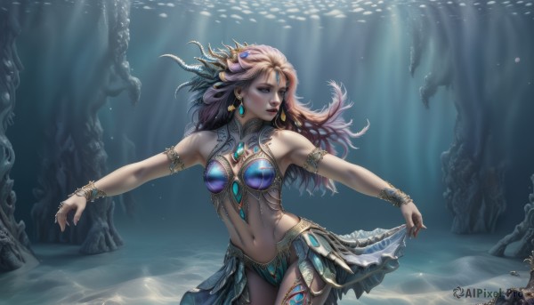 1girl,solo,long hair,breasts,blue eyes,skirt,brown hair,hair ornament,navel,cleavage,bare shoulders,jewelry,medium breasts,standing,swimsuit,purple hair,bikini,cowboy shot,earrings,parted lips,midriff,armpits,water,stomach,nail polish,armor,bracelet,lips,fingernails,makeup,floating hair,looking away,sunlight,outstretched arms,lipstick,gem,armlet,light rays,underwater,skirt hold,spread arms,red lips,bikini armor,pink hair,necklace,watermark,long fingernails,circlet,realistic,nose,fantasy,showgirl skirt,cave