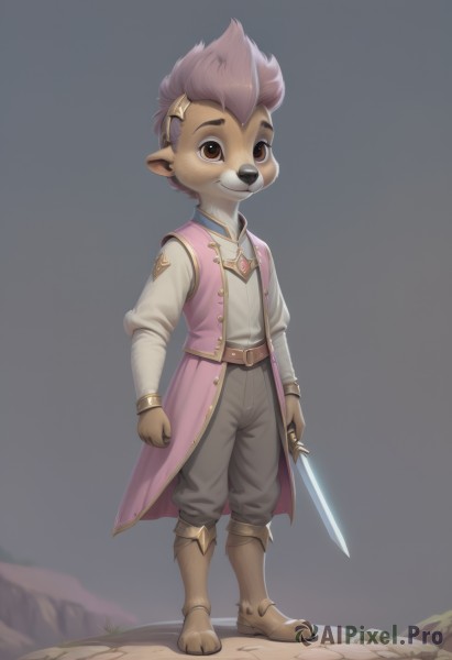 solo,looking at viewer,smile,short hair,simple background,brown hair,shirt,hair ornament,long sleeves,1boy,holding,animal ears,brown eyes,jewelry,standing,full body,white shirt,weapon,male focus,boots,pointy ears,belt,pants,sword,grey background,holding weapon,vest,coat,holding sword,furry,furry male,male child,brown pants,open clothes,teeth,artist name,bracelet,watermark,brown footwear,gem,web address,armored boots,body fur,animal nose,open vest,snout,brown fur,mohawk,pink vest