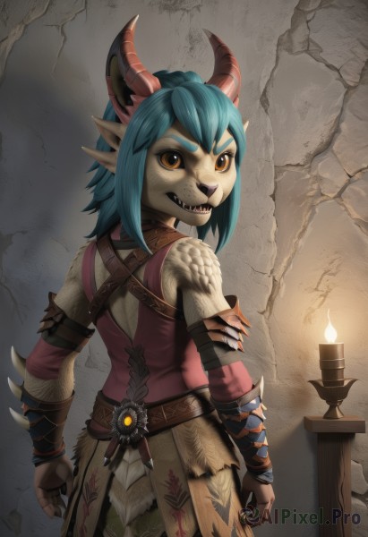 1girl,solo,looking at viewer,open mouth,animal ears,brown eyes,blue hair,tail,yellow eyes,weapon,horns,teeth,pointy ears,belt,looking back,sword,from behind,armor,orange eyes,colored skin,fangs,thick eyebrows,sharp teeth,monster girl,claws,furry,dragon horns,dragon girl,fantasy,furry female,candle,scales,snout,short hair,green hair,back,fire,gauntlets,vambraces,furry male