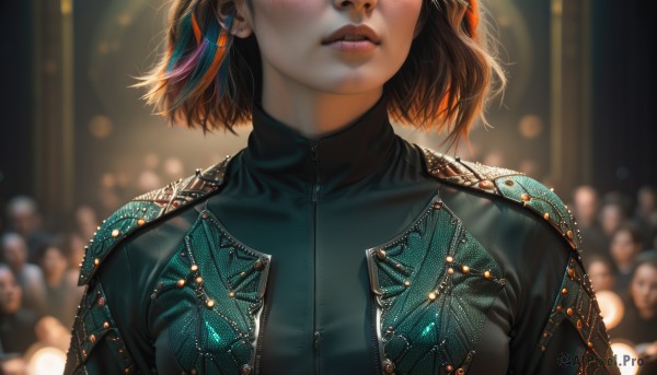 1girl,solo,short hair,brown hair,black hair,jewelry,jacket,upper body,multicolored hair,earrings,parted lips,multiple boys,solo focus,artist name,orange hair,blurry,lips,streaked hair,depth of field,blurry background,zipper,realistic,head out of frame,bokeh,blush,hair ornament,open clothes,open jacket,black jacket,feathers,facing viewer,close-up,lens flare,feather hair ornament,leather,leather jacket,denim jacket