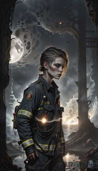 1girl,solo,looking at viewer,short hair,shirt,black hair,gloves,long sleeves,closed mouth,standing,jacket,braid,grey hair,outdoors,sky,black gloves,pants,fingerless gloves,water,uniform,black eyes,lips,grey eyes,military,military uniform,night,scar,black pants,moon,full moon,wading,pocket,realistic,badge,police,dirty,fog,dirty face,flashlight,blonde hair,1boy,male focus,from side,pale skin,police uniform,patch,bulletproof vest