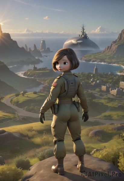 1girl,solo,looking at viewer,smile,short hair,brown hair,gloves,brown eyes,standing,full body,ass,boots,outdoors,sky,black gloves,looking back,cloud,water,from behind,uniform,military,military uniform,ocean,grass,building,scenery,science fiction,pouch,mountain,city,sun,horizon,landscape,spacecraft,spacesuit,bodysuit,sunlight,lake,sunrise,cliff