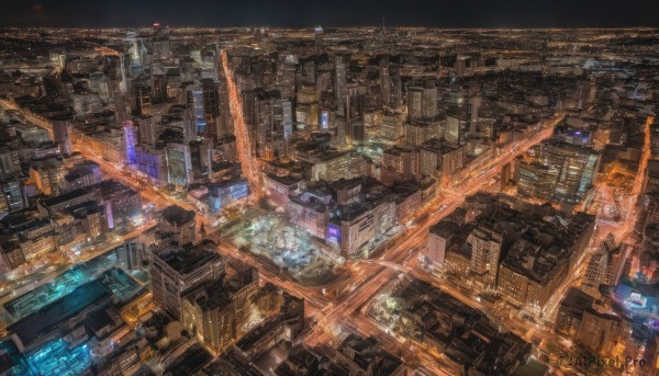 outdoors,sky,no humans,night,from above,building,scenery,science fiction,city,cityscape,bridge,skyscraper,city lights,lights,road