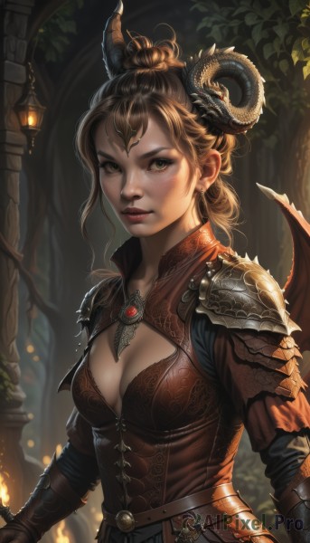 1girl,solo,breasts,looking at viewer,short hair,blonde hair,brown hair,gloves,cleavage,jewelry,medium breasts,green eyes,upper body,weapon,earrings,outdoors,parted lips,wings,horns,belt,hair bun,armor,tree,lips,clothing cutout,eyelashes,makeup,cleavage cutout,single hair bun,demon girl,fire,lipstick,demon horns,shoulder armor,gauntlets,freckles,demon wings,pauldrons,lantern,nose,fantasy,red lips,holding,closed mouth,ponytail,plant,realistic