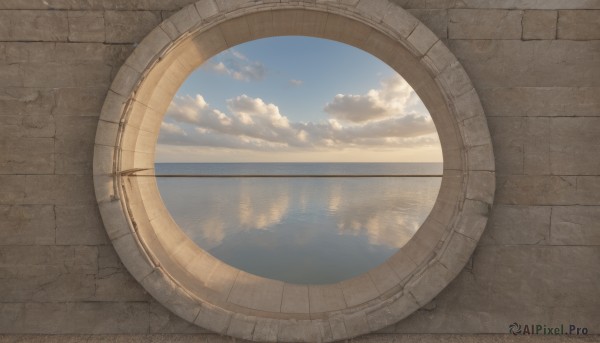 outdoors,sky,day,cloud,blue sky,no humans,sunlight,cloudy sky,scenery,reflection,wall,water,ocean,sun,horizon,brick wall