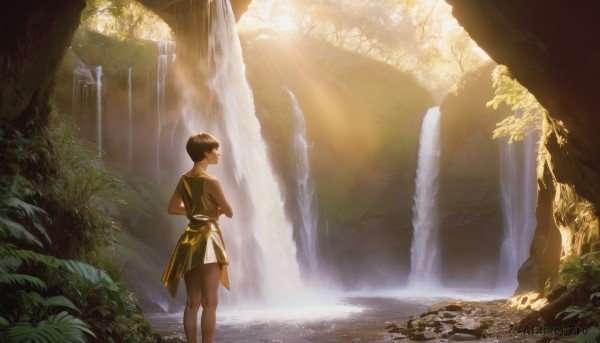 1girl,solo,short hair,skirt,brown hair,black hair,dress,bare shoulders,standing,outdoors,sleeveless,day,dark skin,water,from behind,tree,sunlight,plant,nature,scenery,forest,light rays,sunbeam,waterfall,bangs,closed eyes,blunt bangs,bare arms,sleeveless dress,feet out of frame,moss