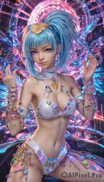 1girl,solo,long hair,breasts,looking at viewer,smile,bangs,blue eyes,hair ornament,navel,cleavage,bare shoulders,jewelry,medium breasts,sitting,closed mouth,blue hair,swimsuit,ponytail,bikini,earrings,wings,shiny,spread legs,necklace,stomach,nail polish,bracelet,lips,fingernails,hands up,detached collar,watermark,halo,white bikini,gem,revealing clothes,armlet,blue nails,crystal,realistic,nose,collarbone,cowboy shot,choker,ring,web address