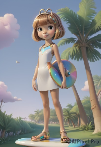 1girl,solo,breasts,looking at viewer,smile,short hair,bangs,brown hair,hair ornament,dress,holding,bare shoulders,brown eyes,jewelry,standing,full body,hairband,earrings,small breasts,outdoors,sky,sleeveless,day,artist name,cloud,dark skin,blunt bangs,necklace,nail polish,white dress,dark-skinned female,tree,blue sky,lips,sleeveless dress,bird,beach,sandals,bob cut,antenna hair,grass,child,ball,toenails,palm tree,toenail polish,female child,beachball,closed mouth,water,flat chest,watermark,short dress,web address,innertube,sundress