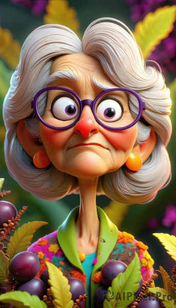 1girl,solo,looking at viewer,shirt,jewelry,closed mouth,purple eyes,white hair,grey hair,earrings,food,glasses,artist name,blurry,fruit,blurry background,frown,leaf,parody,old,old woman,wrinkled skin,short hair,upper body,flower,makeup,watermark,portrait,web address,green shirt,grapes,blueberry,eggplant,purple-framed eyewear