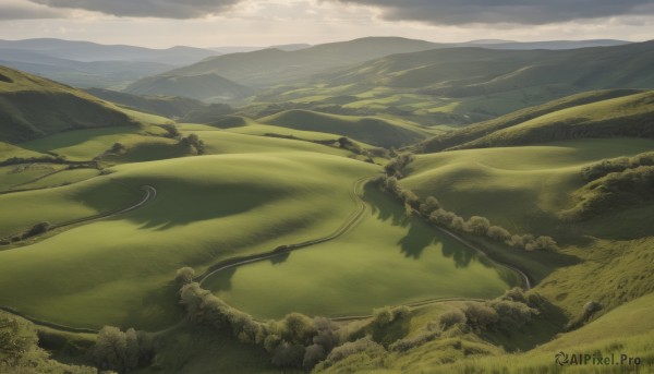 outdoors,sky,day,cloud,tree,no humans,cloudy sky,grass,nature,scenery,forest,mountain,road,field,green theme,river,landscape,mountainous horizon,hill,horizon,lake,path