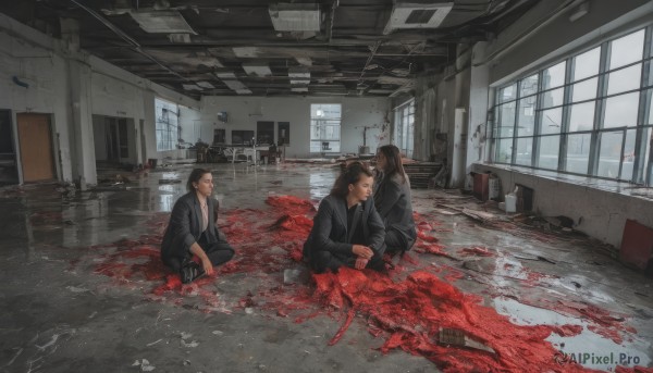 1girl,long hair,short hair,brown hair,shirt,black hair,long sleeves,holding,sitting,jacket,white shirt,male focus,multiple boys,necktie,pants,indoors,black footwear,black jacket,gun,window,blood,chair,black pants,formal,3boys,suit,black necktie,glass,blood on clothes,blood splatter,death,broken glass,corpse,broken window,2boys,facial hair,squatting,beard,tile floor