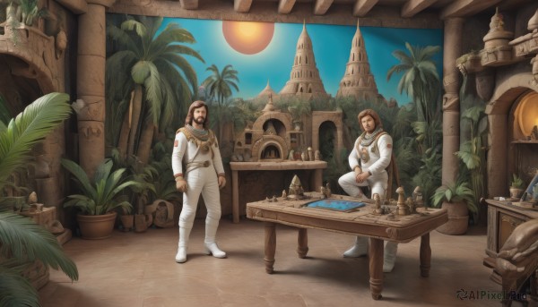 smile,brown hair,sitting,standing,male focus,multiple boys,sky,2boys,tree,facial hair,chair,table,plant,scenery,beard,science fiction,mustache,palm tree,sun,potted plant,castle,statue,spacesuit,board game,globe,cactus,black hair,uniform,realistic,chess piece,arch