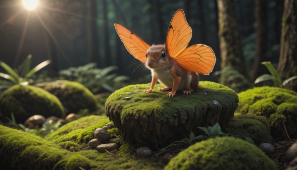 solo,blue eyes,flower,outdoors,wings,day,blurry,tree,pokemon (creature),no humans,depth of field,blurry background,animal,sunlight,grass,bug,plant,nature,scenery,claws,forest,light rays,rock,realistic,sun,mushroom,animal focus,whiskers,moss,tree stump,looking at viewer,antennae,ladybug