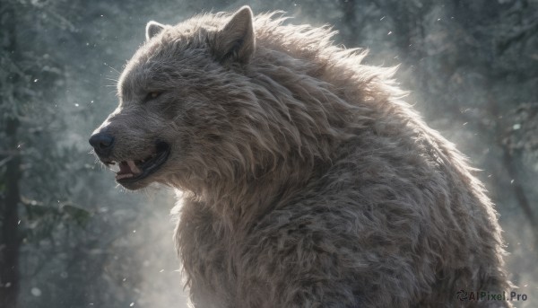 solo,open mouth,yellow eyes,upper body,outdoors,teeth,blurry,from side,tree,no humans,profile,blurry background,animal,fangs,sharp teeth,nature,snow,forest,colored sclera,snowing,realistic,animal focus,white fur,wolf,whiskers,signature,close-up,grey fur