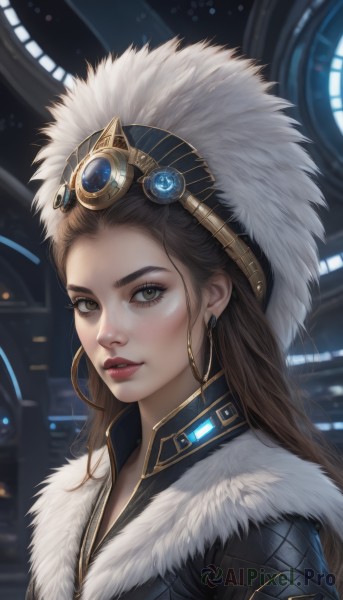 1girl,solo,long hair,looking at viewer,brown hair,brown eyes,jewelry,upper body,earrings,parted lips,artist name,blurry,lips,fur trim,eyelashes,makeup,lipstick,goggles,portrait,freckles,science fiction,goggles on head,hoop earrings,realistic,nose,headdress,red lips,hat,jacket,indoors,signature,from side,gem,eyeshadow