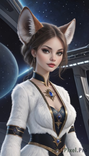 1girl,solo,breasts,looking at viewer,smile,brown hair,long sleeves,dress,animal ears,cleavage,brown eyes,jewelry,medium breasts,closed mouth,upper body,earrings,choker,necklace,white dress,lips,coat,animal ear fluff,fur trim,fox ears,makeup,lipstick,brooch,gem,star (sky),eyeshadow,freckles,red lips,space,planet,earth (planet),long hair,bangs,parted bangs,forehead,realistic,nose,fur