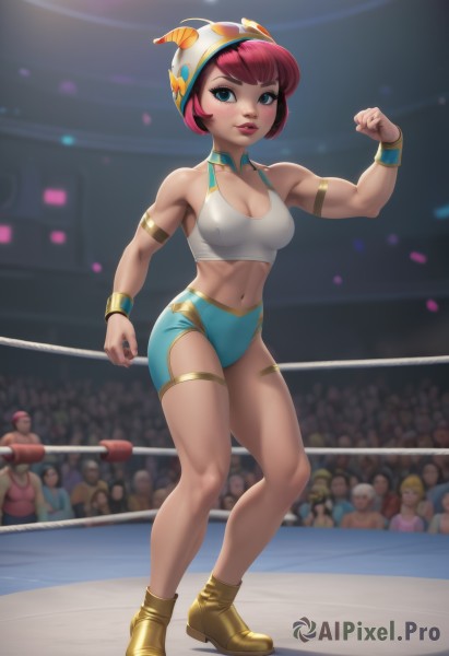 1girl,solo,breasts,looking at viewer,smile,short hair,blue eyes,navel,cleavage,bare shoulders,jewelry,medium breasts,standing,full body,pink hair,thighs,red hair,boots,shorts,solo focus,midriff,artist name,blurry,lips,crop top,short shorts,makeup,muscular,blurry background,abs,helmet,wristband,armlet,toned,muscular female,ankle boots,biceps,yellow footwear,crowd,wrestling outfit,flexing,stadium,wrestling ring,blush,bangs,hat,parted lips,choker,watermark,armband,bandaid,sports bra,stage,audience