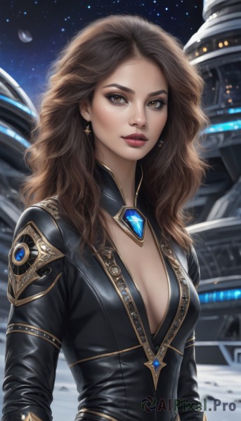 1girl,solo,long hair,breasts,looking at viewer,brown hair,long sleeves,cleavage,brown eyes,jewelry,medium breasts,upper body,earrings,sky,star (symbol),lips,bodysuit,makeup,night,wavy hair,lipstick,gem,star (sky),starry sky,science fiction,realistic,nose,red lips,space,outdoors,artist name,signature,necklace,moon,skin tight,center opening,black bodysuit