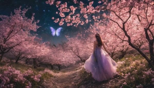 1girl, solo, long hair, brown hair, dress, standing, flower, outdoors, sky, sleeveless, from behind, white dress, tree, night, sleeveless dress, grass, bug, cherry blossoms, butterfly, star (sky), night sky, scenery, pink flower, starry sky, blue butterfly