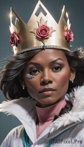 1girl,solo,looking at viewer,short hair,simple background,brown hair,black hair,hat,brown eyes,jewelry,closed mouth,upper body,flower,earrings,dark skin,black eyes,sweater,dark-skinned female,lips,coat,fur trim,eyelashes,rose,turtleneck,blue background,crown,portrait,pink flower,freckles,realistic,nose,pink rose,gem,glint,turtleneck sweater