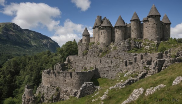 outdoors,sky,day,cloud,tree,blue sky,no humans,cloudy sky,grass,building,nature,scenery,rock,mountain,ruins,castle,landscape,cliff,fantasy,path,stone