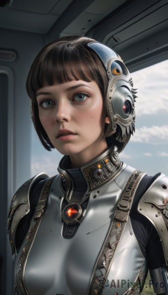 1girl,solo,breasts,looking at viewer,short hair,bangs,brown hair,black hair,medium breasts,green eyes,upper body,parted lips,sky,day,cloud,blunt bangs,armor,mole,lips,mole under eye,bodysuit,headgear,bob cut,skin tight,freckles,science fiction,realistic,nose,cyborg,blue eyes,teeth,eyelashes