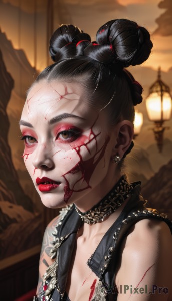 1girl,solo,breasts,looking at viewer,short hair,black hair,cleavage,bare shoulders,brown eyes,jewelry,medium breasts,upper body,earrings,small breasts,outdoors,sleeveless,choker,necklace,hair bun,blurry,lips,double bun,blood,tattoo,makeup,blurry background,scar,lipstick,forehead,eyeshadow,injury,blood on face,nose,red lips,eyeliner,mascara,cuts,vest,eyelashes,single hair bun,pale skin,facepaint