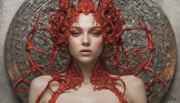 1girl,solo,looking at viewer,blue eyes,bare shoulders,closed mouth,collarbone,upper body,nude,red hair,lips,makeup,portrait,realistic,long hair,short hair,parted lips,grey eyes,eyelashes,expressionless,tentacles,straight-on,circle