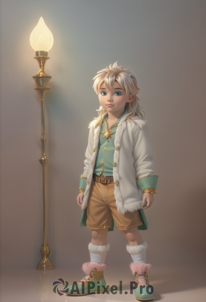 1girl,solo,long hair,looking at viewer,blue eyes,blonde hair,shirt,long sleeves,1boy,standing,jacket,full body,male focus,shoes,shorts,socks,belt,lips,coat,fur trim,child,light,lamp,male child,lamppost,brown shorts,simple background,staff,realistic,peeing,pee,peeing self