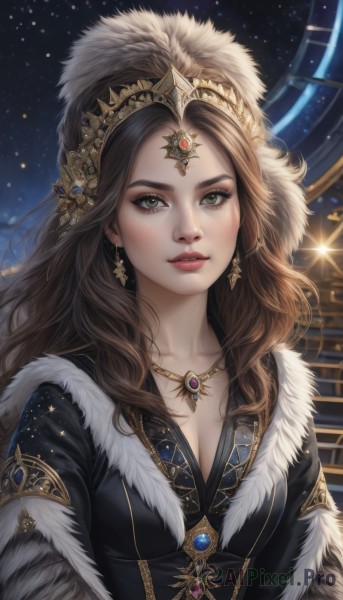 1girl,solo,long hair,breasts,looking at viewer,brown hair,hair ornament,cleavage,brown eyes,jewelry,medium breasts,green eyes,collarbone,upper body,earrings,parted lips,sky,artist name,necklace,lips,grey eyes,fur trim,eyelashes,night,wavy hair,tiara,crown,gem,star (sky),night sky,starry sky,freckles,gold trim,realistic,nose,red lips,dress,makeup,watermark,starry background,diadem