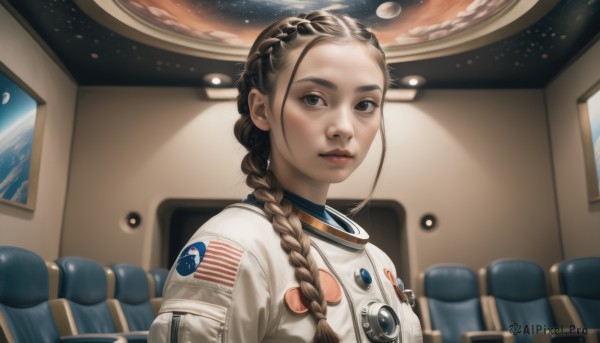 1girl,solo,long hair,looking at viewer,blue eyes,brown hair,upper body,braid,indoors,black eyes,lips,single braid,chair,hair over shoulder,forehead,freckles,realistic,nose,space,planet,earth (planet),american flag,spacesuit,japanese flag,astronaut,black hair,parted lips,blurry,window,bodysuit,clothes writing,science fiction,spacecraft,pilot