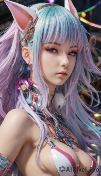 1girl,solo,long hair,breasts,looking at viewer,bangs,blue eyes,hair ornament,animal ears,cleavage,bare shoulders,jewelry,medium breasts,closed mouth,blue hair,upper body,multicolored hair,hairband,earrings,cat ears,armpits,blurry,lips,sideboob,blurry background,fake animal ears,revealing clothes,realistic,sidelocks,parted lips,artist name,eyelashes,expressionless,science fiction,nose,cable