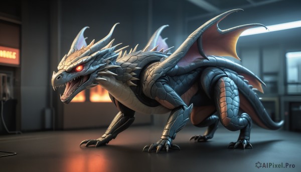 HQ,solo,open mouth,red eyes,tail,full body,wings,horns,teeth,indoors,blurry,no humans,blurry background,glowing,fangs,sharp teeth,glowing eyes,claws,spikes,monster,dragon,scales,kaijuu,standing,signature