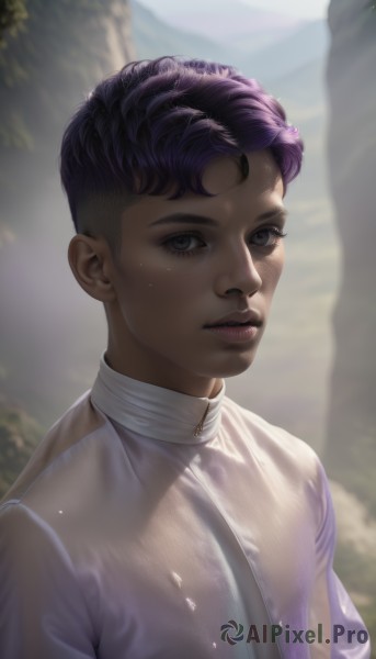 1girl,solo,looking at viewer,short hair,shirt,1boy,white shirt,upper body,purple hair,male focus,outdoors,parted lips,dark skin,blurry,black eyes,dark-skinned female,lips,wet,see-through,blurry background,wet clothes,androgynous,freckles,curly hair,realistic,nose,wet shirt,wet hair,very short hair,black hair,day,artist name,grey eyes,eyelashes,sunlight,dark-skinned male,dappled sunlight