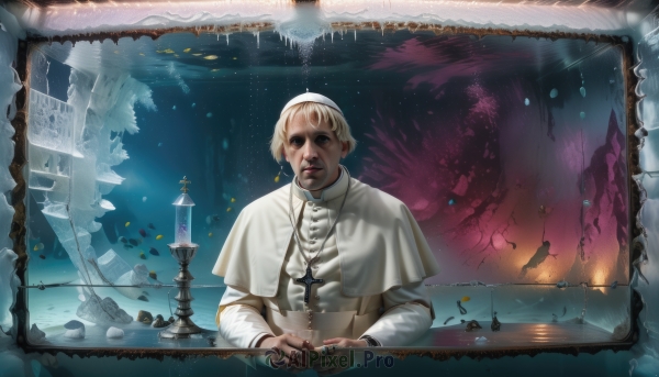 solo,short hair,blonde hair,long sleeves,1boy,jewelry,upper body,male focus,hairband,necklace,capelet,own hands together,cross,reflection,fish,realistic,fantasy,nun,cross necklace,white capelet,old,old man,statue,painting (object),wrinkled skin,aquarium,looking at viewer,open mouth,blue eyes,sitting,earrings,teeth,table,ring,robe,glass,candle,chess piece,surreal,broken glass,bishop (chess),portrait (object)