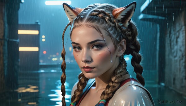 1girl,solo,long hair,looking at viewer,brown hair,black hair,animal ears,brown eyes,closed mouth,upper body,braid,multicolored hair,outdoors,artist name,cat ears,water,mole,blurry,twin braids,two-tone hair,lips,wet,grey eyes,mole under eye,makeup,night,blurry background,lipstick,portrait,wet clothes,forehead,freckles,rain,nose,red lips,wet shirt,wet hair,multiple braids,blush,blue eyes,jewelry,earrings,eyelashes,depth of field,piercing,ear piercing,water drop,realistic