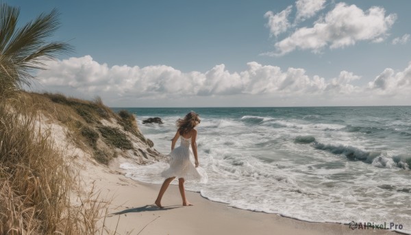 1girl, solo, long hair, brown hair, dress, outdoors, sky, barefoot, day, cloud, water, from behind, white dress, blue sky, ocean, beach, scenery, sand, horizon, wide shot, waves